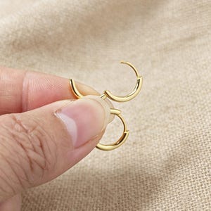May include: A pair of small, polished gold-tone hoop earrings. Each earring features a thin, circular metal band with a smooth, reflective surface and a simple hinged closure mechanism, designed for a secure fit in a pierced earlobe.
