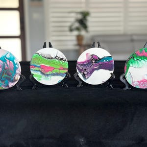 Fluid Art Coasters, Handmade, Acrylic Pour Custom Art in Sheleeart Bloom Design, Set of Four