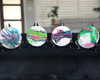 Fluid Art Coasters, Handmade, Acrylic Pour Custom Art in Sheleeart Bloom Design, Set of Four