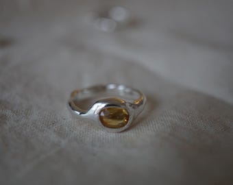 Silver citrine ring - Molten silver ring - handmade ring - large size ring - Sterling silver- organic shape -stackable- Pinky ring