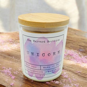 Unicorn 7oz Wood Wick Candle | Strawberry and Cotton Candy Scent |Organic Soy Wax | Sweet Smelling Candle | Hand Poured Soy Wax Candles