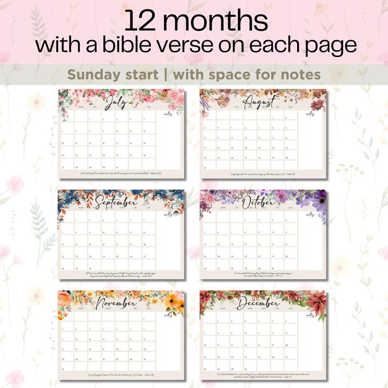 2025 Printable Calendar Watercolor Floral Theme Horizontal Sunday Start ...