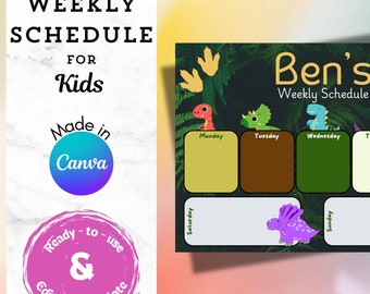 May include: A printable weekly schedule for kids featuring a dinosaur theme. The schedule is titled "Ben's Weekly Schedule" and includes days of the week from Monday to Sunday. The design features a green background with dinosaur illustrations.