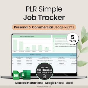 May include: A digital job tracker spreadsheet displayed on a laptop screen, featuring a bar chart for application status, a follow-up task list, and contact details. The interface includes 5 tabs, Google Sheets and Excel icons, and non-branded user instructions.
