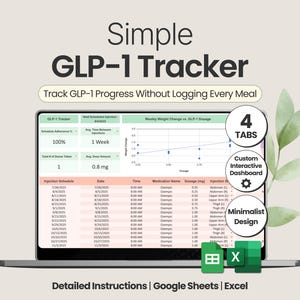 GLP1 Tracker Excel Gewichtsverlies Tracker Google Spreadsheets | Injecties, dosering, bijwerkingen, calorieën, macro's en meer volgen