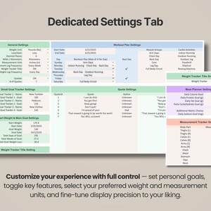 Pode incluir: Uma interface de planilha digital intitulada Dedicated Settings Tab com se&ccedil;&otilde;es para configura&ccedil;&otilde;es gerais, planos de treino, rastreamento de metas, cita&ccedil;&otilde;es, peso, refei&ccedil;&otilde;es e medidas corporais com v&aacute;rios campos de entrada de dados.