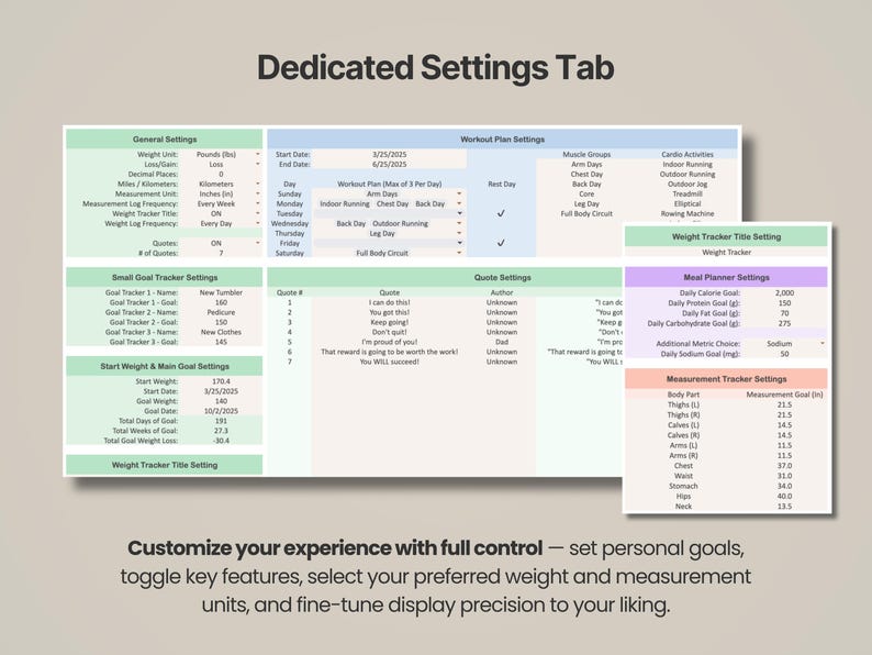 Pode incluir: Uma interface de planilha digital intitulada Dedicated Settings Tab com se&ccedil;&otilde;es para configura&ccedil;&otilde;es gerais, planos de treino, rastreamento de metas, cita&ccedil;&otilde;es, peso, refei&ccedil;&otilde;es e medidas corporais com v&aacute;rios campos de entrada de dados.
