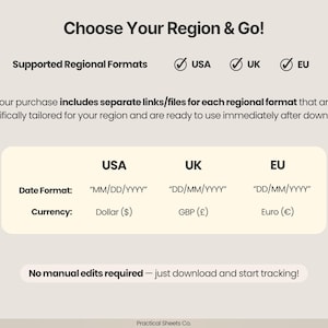 Puede incluir: Un gr&aacute;fico informativo titulado Choose Your Region & Go! que enumera los formatos regionales compatibles para EE. UU., Reino Unido y la UE. Muestra una tabla comparando formatos de fecha y monedas para cada regi&oacute;n, indicando archivos separados.