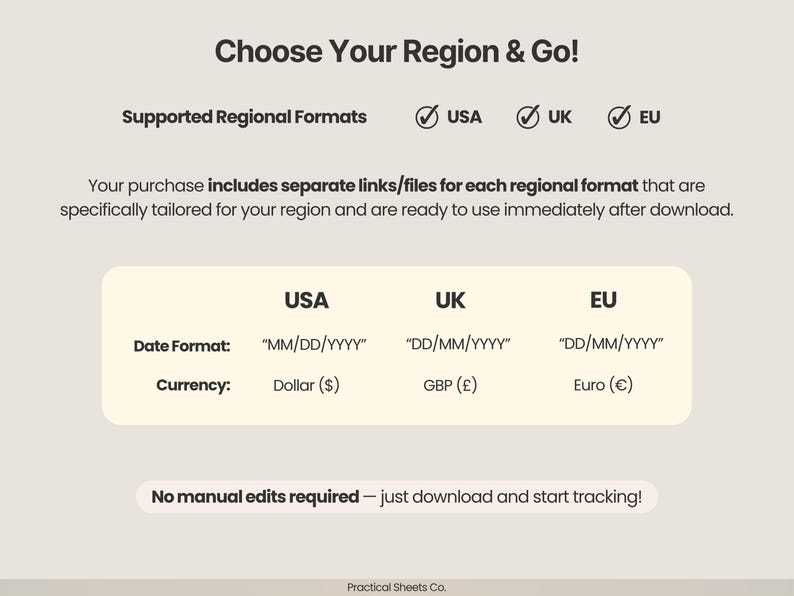 Puede incluir: Un gr&aacute;fico informativo titulado Choose Your Region & Go! que enumera los formatos regionales compatibles para EE. UU., Reino Unido y la UE. Muestra una tabla comparando formatos de fecha y monedas para cada regi&oacute;n, indicando archivos separados.