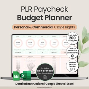 May include: A digital budget planner displayed on a laptop screen with the text PLR Paycheck Budget Planner, Personal & Commercial Usage Rights, and Detailed Instructions | Google Sheets | Excel. The interface shows financial data tables and charts.