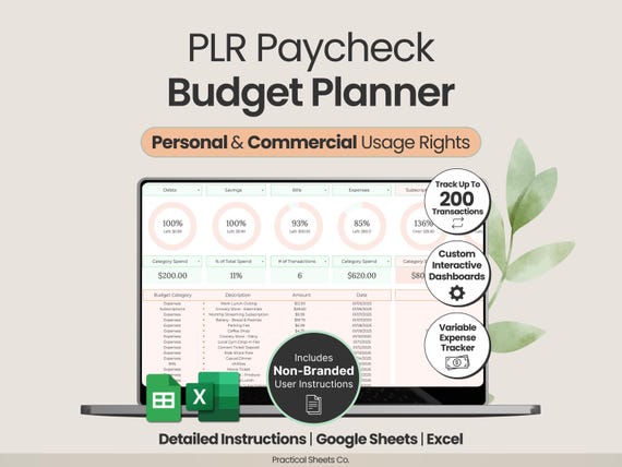 PLR Budget Planner Excel Template Private Label Rights Google Sheets Budget PLR Expense Tracker Resell Rights Digital Products Paycheck