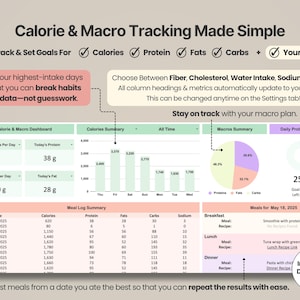 Pode incluir: Uma interface de painel digital para rastreamento de calorias e macros, apresentando um gr&aacute;fico de barras para resumos de calorias, um gr&aacute;fico de pizza para distribui&ccedil;&atilde;o de macros e uma tabela de resumo de refei&ccedil;&otilde;es e metas di&aacute;rias.