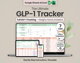GLP1-spårare Google Sheets Excel GLP-1-injektionslogg Viktminskningsplanerare Semaglutid Tirzepatid-doseringspårare Pillinjektionslogg