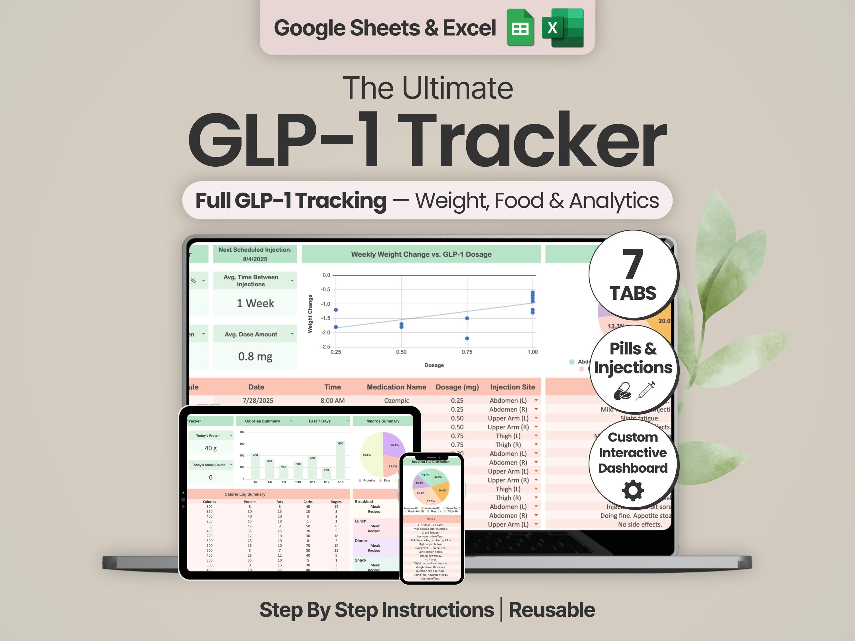 GLP1 Tracker Google Sheets Excel GLP-1 Injection Log Weight Loss Planner Semaglutide Tirzepatide Dosage Tracker Pill Injection Log