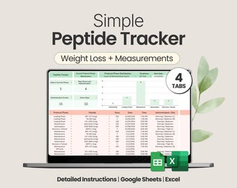 Peptidspårare Excel-peptidmall Google Sheets Peptidplanerare Kalkylblad Digital peptidjournal Viktminskningsspårare Medicinlogg