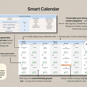Pode incluir: Uma interface de calend&aacute;rio inteligente digital com uma tabela de configura&ccedil;&otilde;es de plano de treino e uma visualiza&ccedil;&atilde;o mensal para abril de 2025. O layout inclui colunas para dias da semana, categorias de exerc&iacute;cio e rastreamento de calorias.
