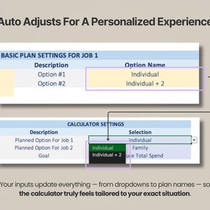 Może przedstawiać: Zrzut ekranu interfejsu cyfrowego z tekstem "Auto Adjusts For A Personalized Experience". Interfejs wyświetla ustawienia planu pracy, w tym opcje "Individual" i "Individual + 2". Widoczny jest r&oacute;wnież tekst "Your inputs update everything".