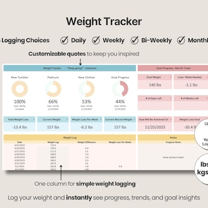 Pode incluir: Um modelo digital de rastreador de peso com se&ccedil;&otilde;es para registro di&aacute;rio, semanal, quinzenal e mensal. A interface inclui cita&ccedil;&otilde;es personaliz&aacute;veis, gr&aacute;ficos de progresso, m&eacute;tricas de peso alvo e uma tabela de registro de peso com colunas.