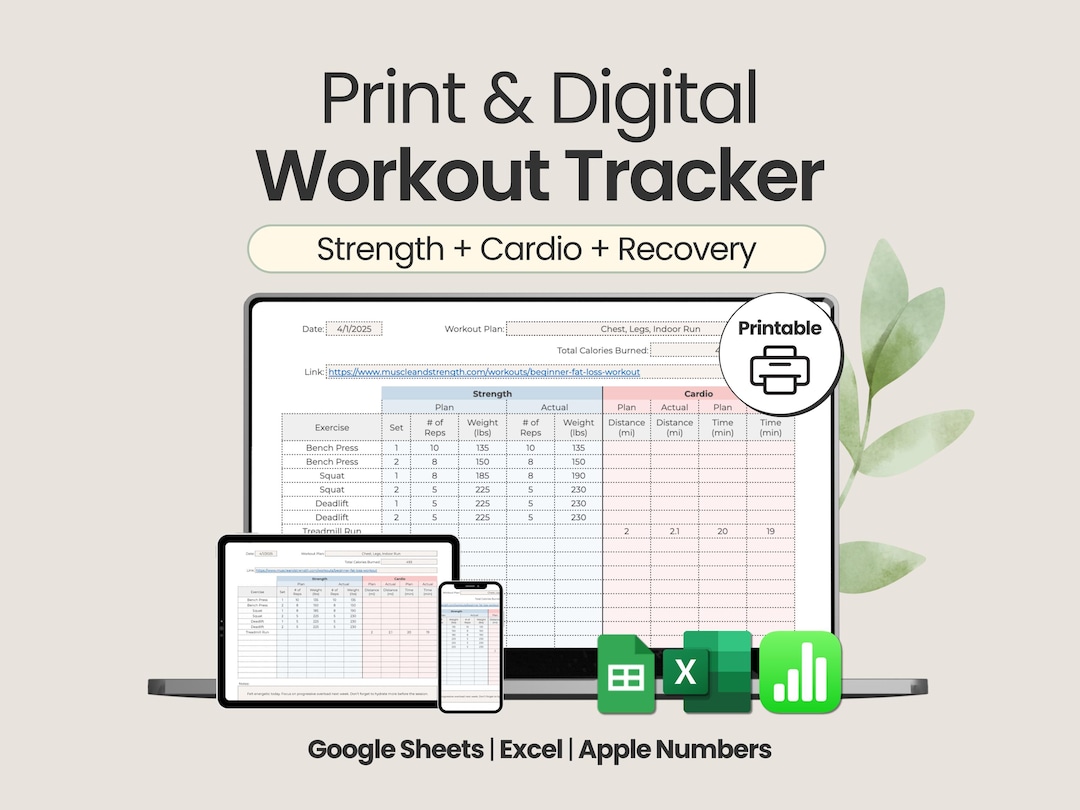 Gym Log Printable Workout Tracker Google Sheets Exercise Planner ...