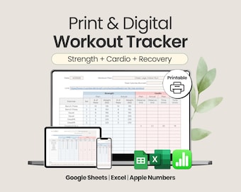 Registro di allenamento stampabile, strumento di monitoraggio degli allenamenti, foglio di calcolo per la pianificazione degli esercizi in Google Sheets, file Excel, download digitale, registro di allenamento, Apple Numbers.