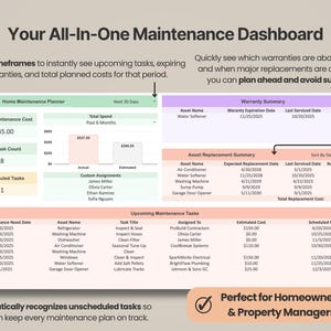 Planerare för hemunderhåll Google Sheets Aktivitetshanterare Excel Mall för fastighetshantering Kalkylblad för hemreparationer Underhållslogg bild 2