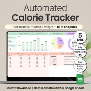 Calorie Tracker Google Sheets Calorie Counter Spreadsheet Body Measurement Macro Tracker Daily Weight Loss Nutrition Tracker Diet Planner