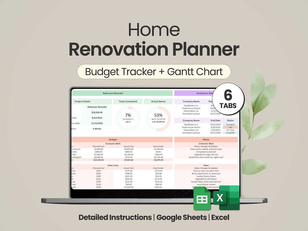 Home Renovation Planner Google Sheets Gantt Chart Excel Project ...