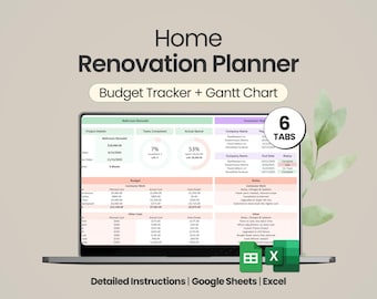 Planificador de reformas del hogar, diagrama de Gantt en Google Sheets, plantilla de gestión de proyectos en Excel, hoja de cálculo para el seguimiento del presupuesto de mejoras del hogar