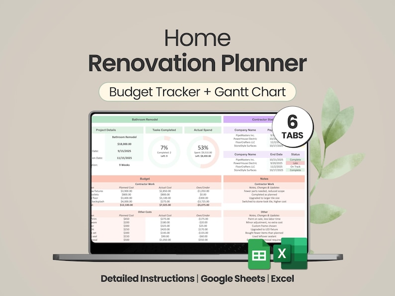 Home Renovation Planner Google Sheets Gantt Chart Excel Project ...