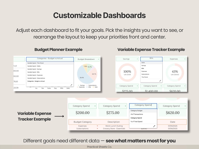 Puede incluir: Una interfaz de panel digital con ejemplos de planificador de presupuesto y rastreador de gastos variables. El dise&ntilde;o incluye gr&aacute;ficos circulares, men&uacute;s desplegables para seleccionar categor&iacute;as y tablas que muestran datos de transacciones.