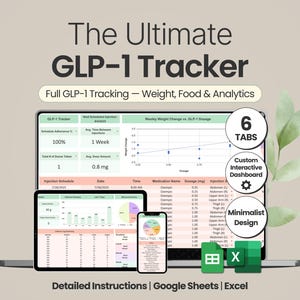 GLP1 Tracker Feuille de calcul Excel de suivi de la perte de poids Google Sheets | Suivi des injections, de la posologie, des effets secondaires, des calories, des macros et plus