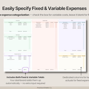 Puede incluir: Una plantilla de hoja de c&aacute;lculo de presupuesto digital titulada Easily Specify Fixed & Variable Expenses. Incluye secciones para ingresos, gastos, facturas, ahorros, suscripciones y deudas con columnas para descripci&oacute;n, presupuesto, real y casillas de verificaci&oacute;n variables.
