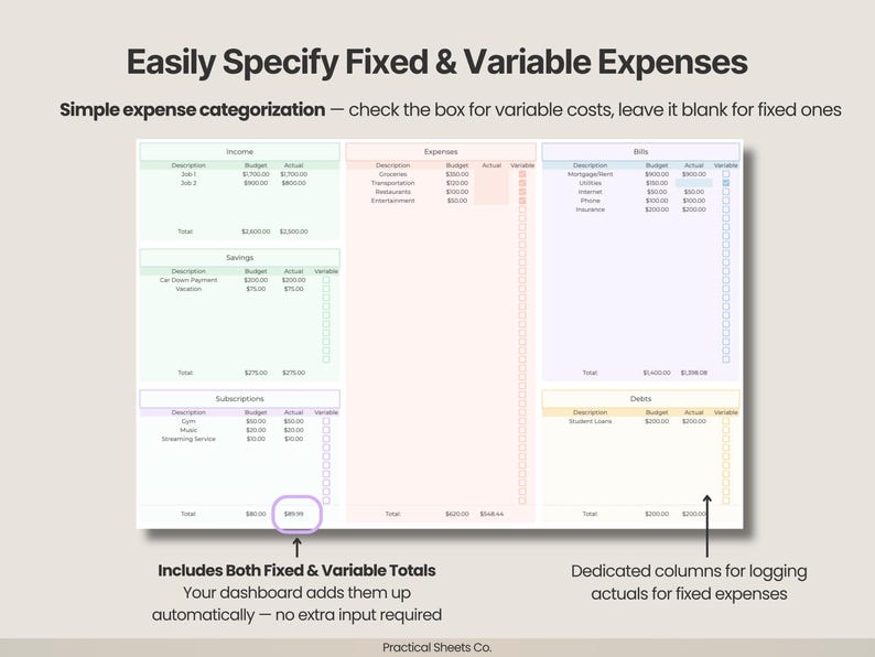 Puede incluir: Una plantilla de hoja de c&aacute;lculo de presupuesto digital titulada Easily Specify Fixed & Variable Expenses. Incluye secciones para ingresos, gastos, facturas, ahorros, suscripciones y deudas con columnas para descripci&oacute;n, presupuesto, real y casillas de verificaci&oacute;n variables.