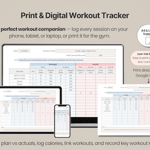 Pode incluir: Um rastreador de exerc&iacute;cios digital exibido em um laptop, tablet e smartphone, ao lado de uma folha impressa. A interface inclui campos para data, plano de treino, calorias e uma tabela para exerc&iacute;cios de for&ccedil;a e cardio com colunas para repeti&ccedil;&otilde;es e peso.