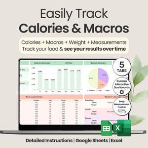 Könnte beinhalten: Ein Laptop-Bildschirm zeigt eine digitale Tabelle zur Verfolgung von Kalorien und Makros. Der Bildschirm zeigt Diagramme, Grafiken und Datentabellen. Der Text auf dem Bildschirm lautet "Easily Track Calories & Macros". Zusätzlicher Text lautet "Calories + Macros + Weight + Measurements" und "Track your food & see your results over time."