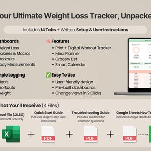 Pode incluir: Uma planilha digital de controle de perda de peso exibida na tela de um laptop. O infogr&aacute;fico lista 14 abas, pain&eacute;is para peso, calorias e treinos, al&eacute;m de planejador de refei&ccedil;&otilde;es. Inclui arquivo Excel, dois guias em PDF e um link para o Google Sheets.