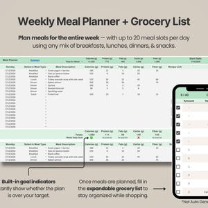 Pode incluir: Um modelo digital de planejador semanal de refei&ccedil;&otilde;es e lista de compras com layout de planilha contendo colunas para descri&ccedil;&otilde;es de refei&ccedil;&otilde;es, calorias, prote&iacute;nas, gorduras, carboidratos e fibras, al&eacute;m de um celular com uma lista.