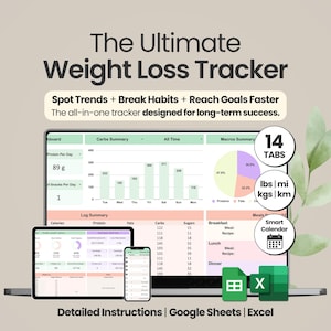 May include: A digital weight loss tracker displayed on a laptop, tablet, and smartphone screen. The interface features charts, a pie graph, and log summaries. Text includes 'The Ultimate Weight Loss Tracker', '14 TABS', 'lbs | mi', 'kgs | km', and 'Smart Calendar'.