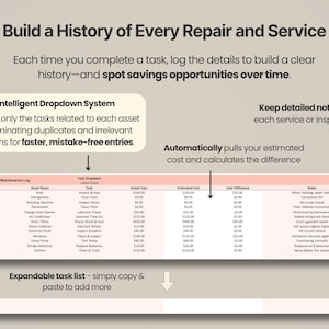 Planerare för hemunderhåll Google Sheets Aktivitetshanterare Excel Mall för fastighetshantering Kalkylblad för hemreparationer Underhållslogg bild 4