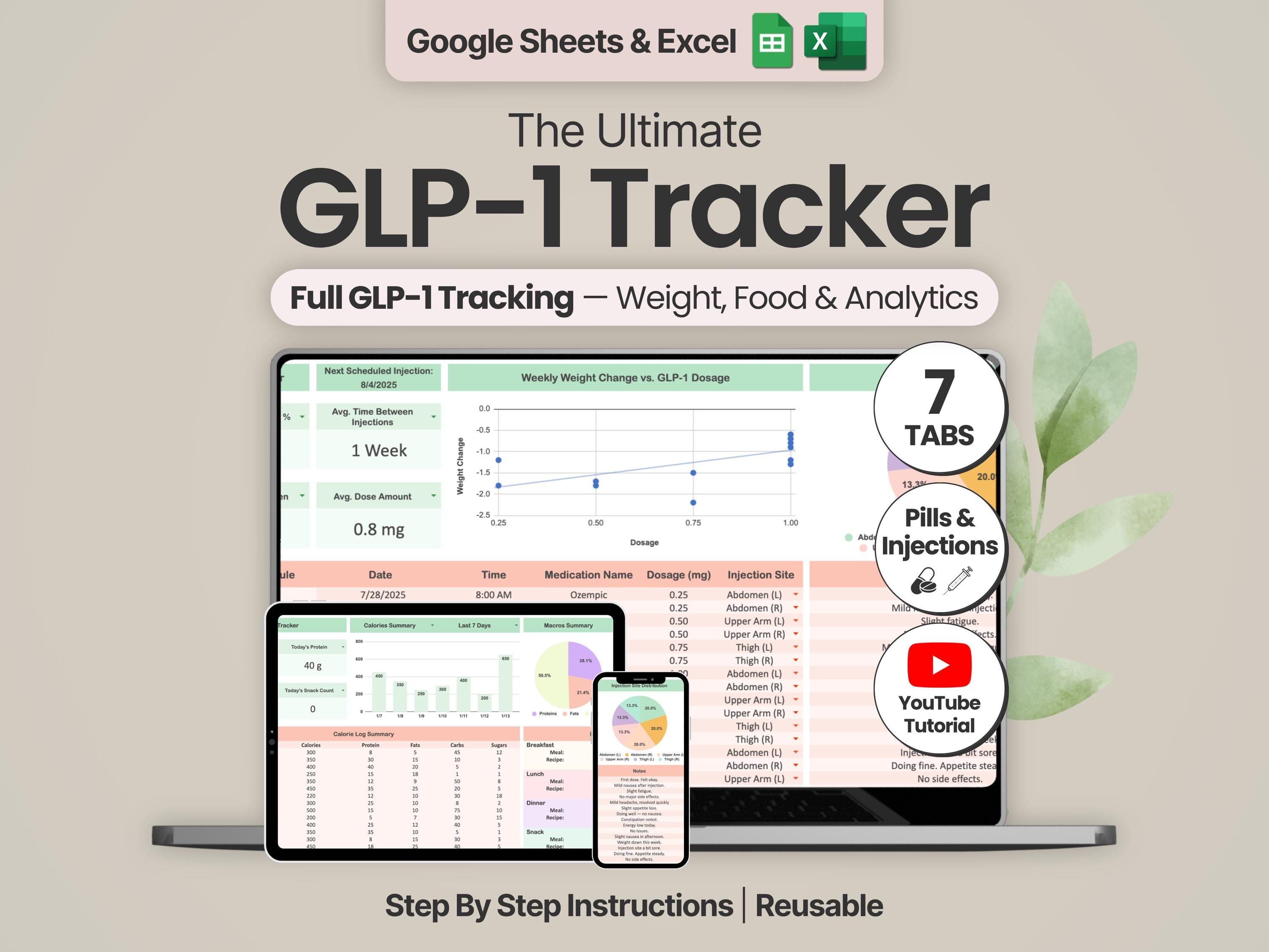 GLP1 Tracker Google Sheets Excel GLP-1 Injection Log Weight Loss Planner Semaglutide Tirzepatide Dosage Tracker Pill Injection Log