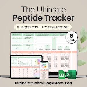 以下が含まれることがあります： 「The Ultimate Peptide Tracker Weight Loss + Calorie Tracker」のテキストが入ったデジタルペプチドトラッカー。画像には、データグラフを表示するラップトップ、タブレット、および電話が表示されています。「Detailed Instructions | Google Sheets | Excel」が含まれています。