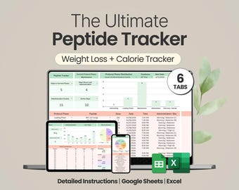 Peptidspårare Google Sheets Peptidmall Excel Peptidplanerare Kalkylblad Digital peptidjournal Viktminskningsspårare Medicinlogg