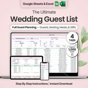 May include: A digital wedding guest list planner for Google Sheets and Excel. The display shows a guest list dashboard with charts, guest names, addresses, and seating details across a laptop, tablet, and smartphone screen. Text includes The Ultimate Wedding Guest List, 4 Tabs, and Supports 1,000 Guests.