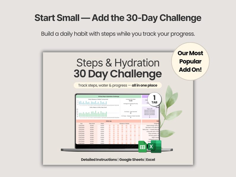 Pode incluir: Um rastreador digital para um desafio de 30 dias de passos e hidrata&ccedil;&atilde;o exibido na tela de um laptop. A interface inclui gr&aacute;ficos, um registro di&aacute;rio e acompanhamento de progresso. O texto diz: Start Small&mdash;Add the 30-Day Challenge, Steps & Hydration 30 Day Challenge, Track steps, water & progress&mdash;all in one place, Our Most Popular Add On!, 1 TAB, Detailed Instructions | Google Sheets | Excel.
