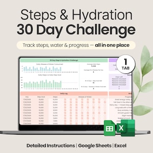 Puede incluir: Una pantalla de portátil muestra un rastreador de desafíos de 30 días para pasos e hidratación. La hoja de cálculo muestra el progreso diario con gráficos y un registro. El texto dice "Steps & Hydration 30 Day Challenge". También se ven iconos de Google Sheets y Excel.