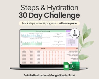 Vattenspårare Google Sheets 30-dagarsutmaning Excel-stegspårare kalkylbladsmall vanespårare digital nedladdning