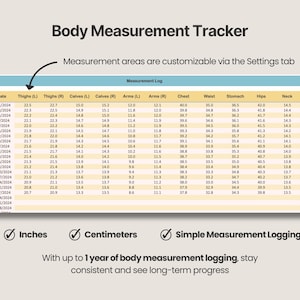 Pode incluir: Um modelo digital de rastreamento de medidas corporais com uma tabela contendo colunas para data, coxas, panturrilhas, bra&ccedil;os, peito, cintura, est&ocirc;mago, quadris e pesco&ccedil;o. Inclui texto: Body Measurement Tracker, Measurement areas are customizable via the Settings tab, Inches, Centimeters, Simple Measurement Logging, e With up to 1 year of body measurement logging, stay consistent and see long-term progress.