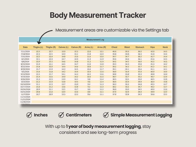 Pode incluir: Um modelo digital de rastreamento de medidas corporais com uma tabela contendo colunas para data, coxas, panturrilhas, bra&ccedil;os, peito, cintura, est&ocirc;mago, quadris e pesco&ccedil;o. Inclui texto: Body Measurement Tracker, Measurement areas are customizable via the Settings tab, Inches, Centimeters, Simple Measurement Logging, e With up to 1 year of body measurement logging, stay consistent and see long-term progress.