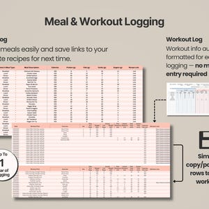 Pode incluir: Um modelo digital de Meal & Workout Logging com uma tabela Meal Log para registar refei&ccedil;&otilde;es, calorias e links de receitas, juntamente com um Workout Log para dados de exerc&iacute;cio. Inclui um emblema circular com Up To 1 Year of Logging e um &iacute;cone de disquete.