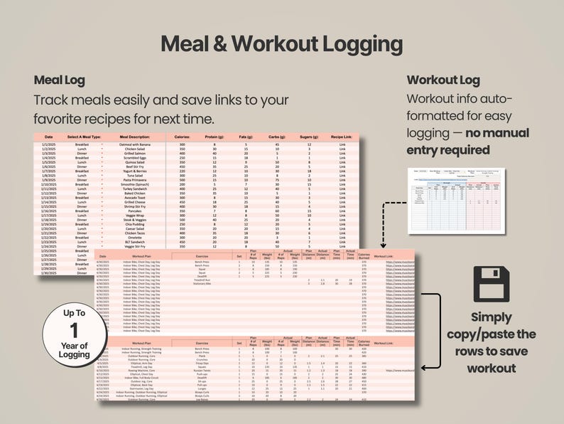 Pode incluir: Um modelo digital de Meal & Workout Logging com uma tabela Meal Log para registar refei&ccedil;&otilde;es, calorias e links de receitas, juntamente com um Workout Log para dados de exerc&iacute;cio. Inclui um emblema circular com Up To 1 Year of Logging e um &iacute;cone de disquete.